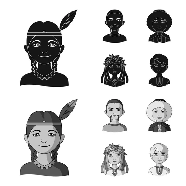 Kinesiska, ukrainska, ryska, eskimo. Mänskligheten som samling ikoner i svart, monochrom stil vektor symbol stock illustration web. — Stock vektor