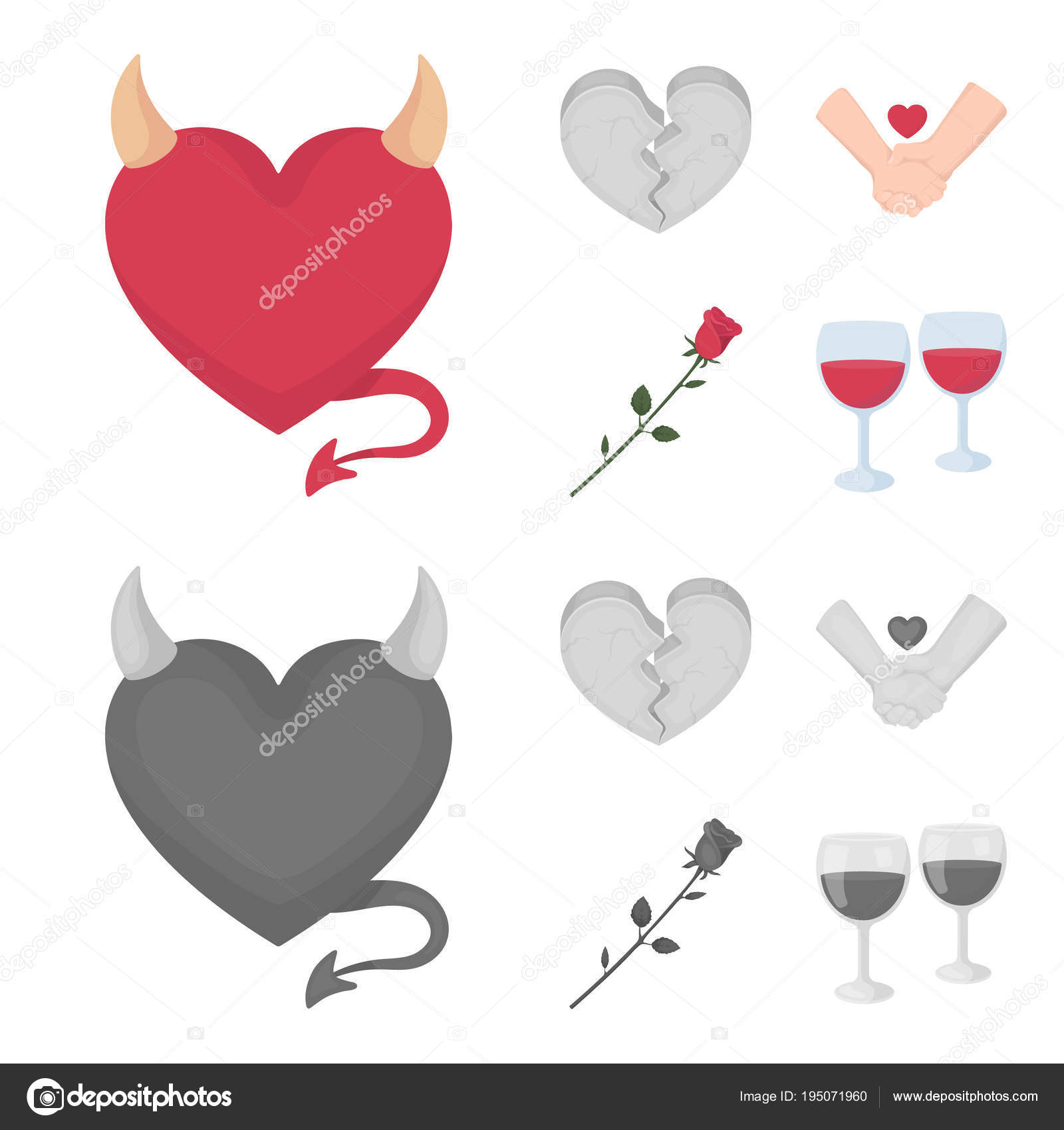 邪恶的心, 破碎的心, 友谊, 玫瑰。浪漫集合图标在卡通, 单色风格矢量符号股票插画网站. 图库矢量图©PandaVector 195071960, image size:1600x1700