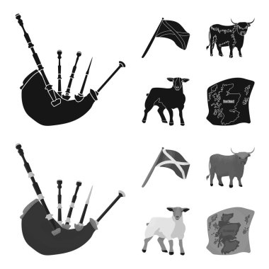 Andreev, İskoçya, boğa, koyun, İskoçya Haritası Devlet bayrağı. İskoçya toplama simgeler siyah, monochrom stil vektör simge stok çizim web içinde ayarla..