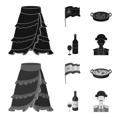 İspanya, ulusal bir tabak pirinç ve domates, bir şişe şarap bir bardak, bir Boğa güreşçisi, bir matador ile arması ile bayrak. İspanya ülke toplama simgeler siyah, monochrom stil vektör ayarla.
