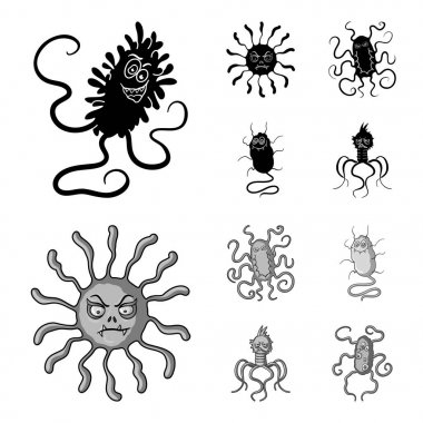 Mikrop ve virüs farklı türleri. Virüs ve bakteriler toplama simgeler siyah, monochrom stil vektör simge stok çizim web ayarla.