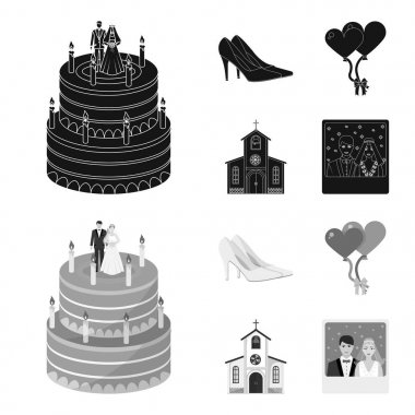Düğün ve öznitelikleri çizgi film, düz, anahat, siyah simgeler set koleksiyonu tasarım için. Sembol stok web illüstrasyon vektör yeni evliler ve aksesuarları.