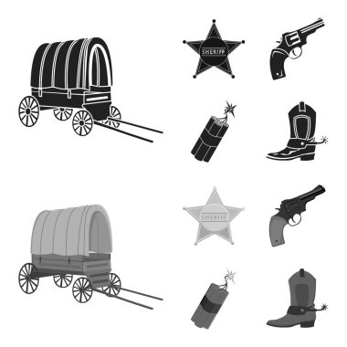 Yıldız Şerif, Colt, dinamit, kovboy çizme. Vahşi Batı toplama simgeler siyah, monochrom stil vektör simge stok çizim web içinde ayarla..