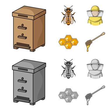 Arı, arıcı maskesi, bal peteği. Arı kovanı toplama simgeler çizgi film, tek renkli stil vektör simge stok çizim web ayarla..