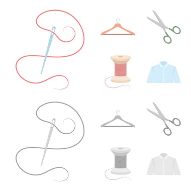 İş parçacığı, makara, askı, iğne, makas. Atelier toplama simgeler çizgi film, tek renkli stil vektör simge stok çizim web ayarla..