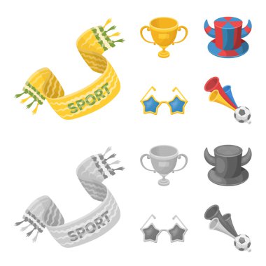 Bir eşarp, boynuzları olan bir şapka ve diğer öznitelikleri fanlar. Çizgi film, tek renkli stil vektör simge stok çizim web simgeler hayranları ayarla.