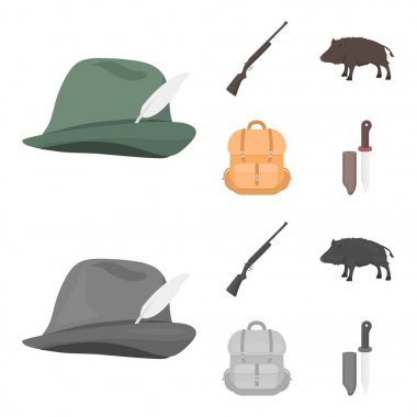 Bir tüy, yaban domuzu, bir tüfek, bir sırt çantası ile şeyler ile avcılık şapka. Avcılık toplama simgeler çizgi film, tek renkli stil vektör simge stok çizim web ayarla..