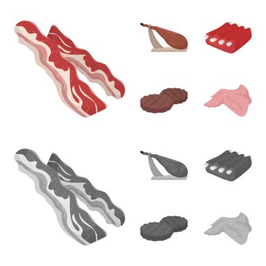 Pastırma, jamon, domuz pirzolası, kızarmış pirzola. Çizgi film, tek renkli stil vektör simge stok çizim web simgeler et ayarla.