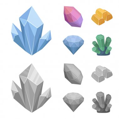 Kristaller, mineraller, altın külçeleri. Değerli mineraller ve kuyumcu çizgi film, tek renkli stil vektör simge stok çizim web simgeler ayarla.