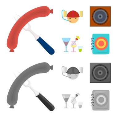 Kızarmış sosis, bira kask, kokteyller, hoparlör. Pub toplama simgeler çizgi film, tek renkli stil vektör simge stok çizim web ayarla..