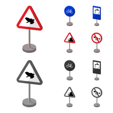 Yol işaretleri farklı türde karikatür, set koleksiyonu tasarım için tek renkli simgeler. Uyarı ve yasağı işaretler sembol stok web illüstrasyon vektör.