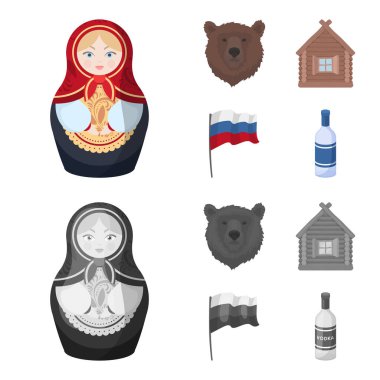 Rusya, ülke, ulus, matryoshka. Rusya ülke toplama simgeler çizgi film, tek renkli stil vektör simge stok çizim web ayarla..