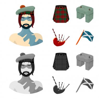 Highlander, İskoç Viking, tartan, İskoç eteği, İskoç eteği, çörek taş, ulusal müzik aleti bagpipes. İskoçya toplama simgeler çizgi film, tek renkli stil vektör simge stok ayarla.
