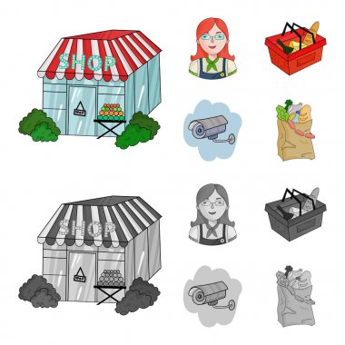 Satıcı, kadın, sepet, plastik. Süpermarket toplama simgeler çizgi film, tek renkli stil vektör simge stok çizim web ayarla..
