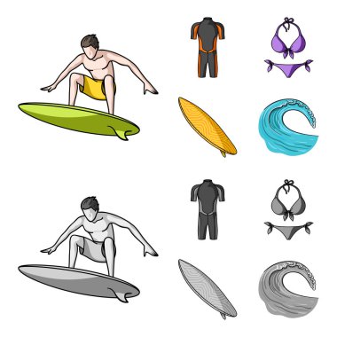 Sörfçü, dalış elbisesi, bikini, sörf tahtası. Sörf toplama simgeler çizgi film, tek renkli stil vektör simge stok çizim web ayarla..
