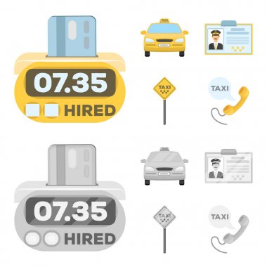Taksi, taksi Araba, sürücü rozet, araba park çok fare counter. Çizgi film, tek renkli stil vektör simge stok çizim web simgeler taksi ayarla.
