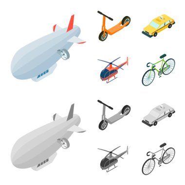 Bir zeplin, bir çocuk scooter, bir taksi, bir helikopter. Çizgi film, tek renkli stil vektör simge stok çizim web simgeler taşıma kümesi.