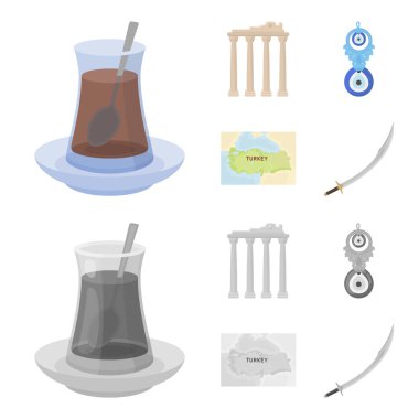 Türk çayı, muska, Harabeleri antik, bölge haritası. Türkiye'de çizgi film, tek renkli stil vektör simge stok çizim web simgeler ayarla.