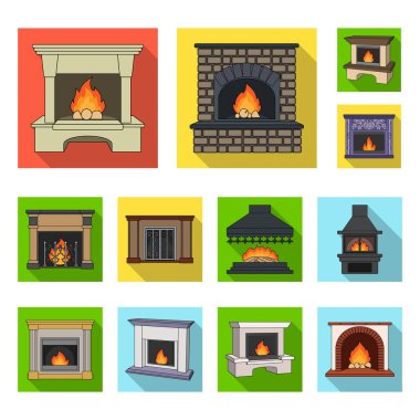 Şömine çeşitleri set koleksiyonu tasarım için simgeleri düz. Şömineler inşaat vektör simge stok web çizimi.