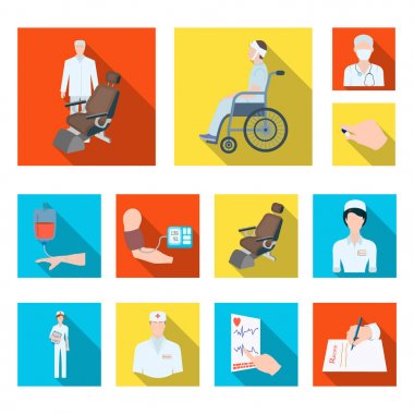 İlaç ve tedavi düz simgeler set koleksiyonu tasarım için. Hastane ve ekipman sembol stok web illüstrasyon vektör.