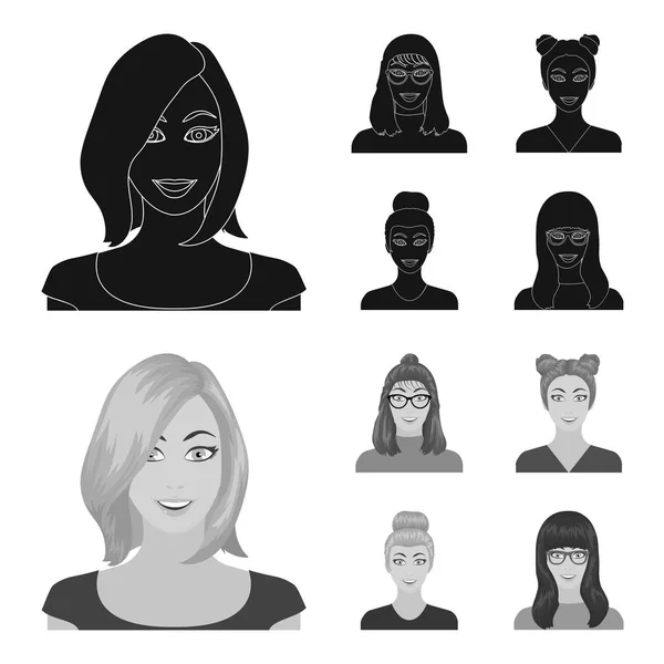 La cara de una chica con gafas, una mujer con un peinado. Iconos de colección de conjunto de cara y apariencia en negro, monocromo estilo vector símbolo stock ilustración web . — Vector de stock