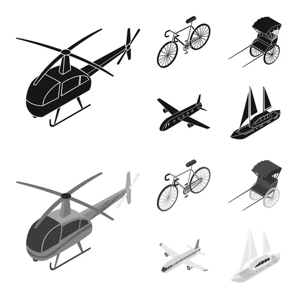 Vélo, pousse-pousse, avion, yacht.Transport set icônes de la collection en noir, monochrome style vectoriel symbole illustration web . — Image vectorielle