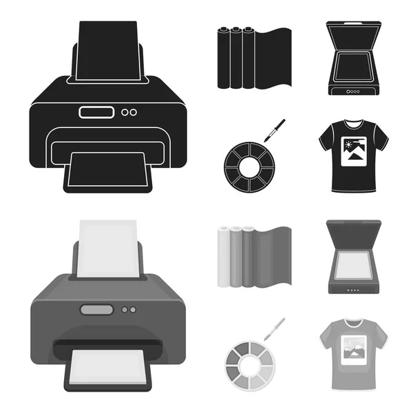 Scanner, palette de couleurs et autres équipements. Typographie set collection icônes en noir, monochrome style vectoriel symbole illustration web . — Image vectorielle