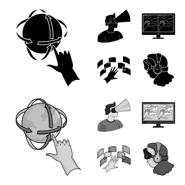 Main, moniteur, écouteurs, femme. Icônes de collection de jeu de réalité virtuelle en noir, symbole vectoriel de style monochrome illustration web . — Image vectorielle