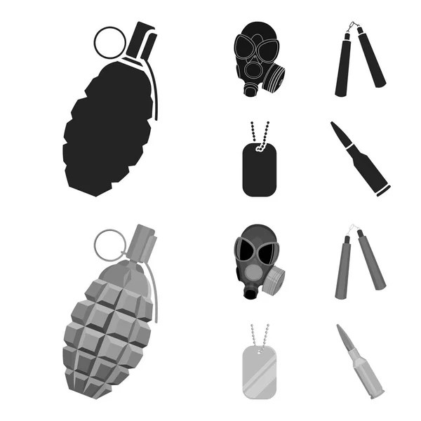 Gasmask, nunchak, ammunition, soldat token. Vapen som samling ikoner i svart, monochrom stil vektor symbol stock illustration web. — Stock vektor