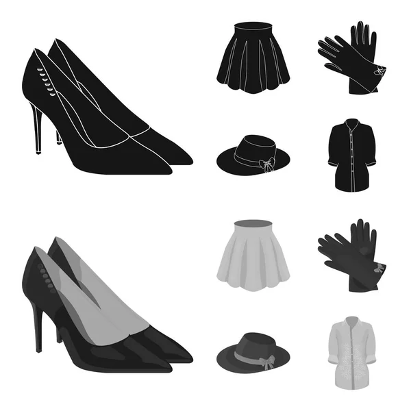 Юбка со складками, кожаные перчатки, женская шляпа с бантиком, рубашка на застежке. Иконки коллекции женской одежды в черном, монохромном стиле . — стоковый вектор
