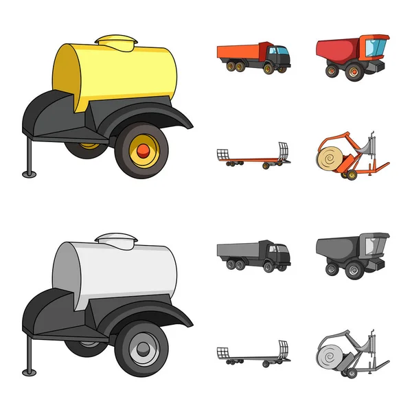 Remolque con un barril, camión y otros dispositivos agrícolas. Maquinaria agrícola conjunto de iconos de colección en la historieta, el estilo monocromo vector símbolo stock ilustración web . — Vector de stock