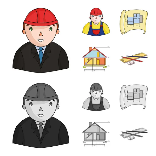 Ingenieur-constructor, bouwvakker, plattegrond, technische tekening van het huis. Het platform ingesteld collectie iconen in de tekenfilm, zwart-wit stijl vector symbool stock illustratie web. — Stockvector