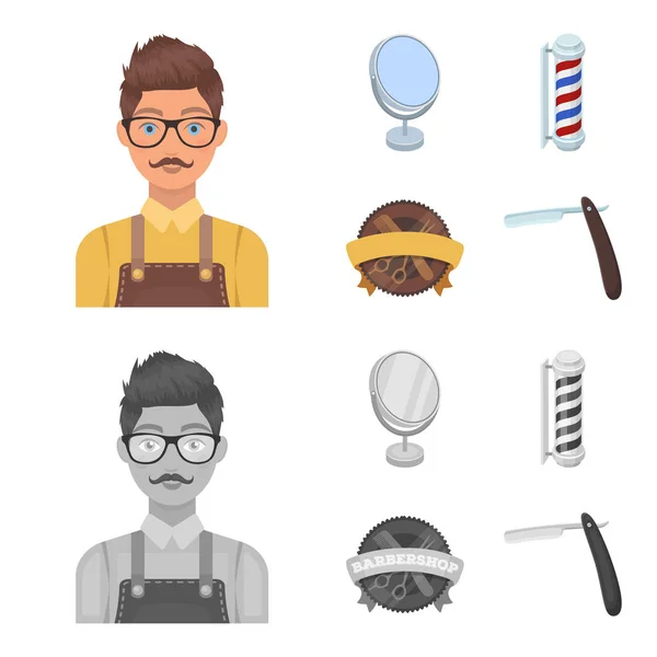 Mannelijke kapper, teken, spiegel en andere apparatuur voor een kapper. Barbershop instellen collectie iconen in de tekenfilm, zwart-wit stijl vector symbool stock illustratie web. — Stockvector