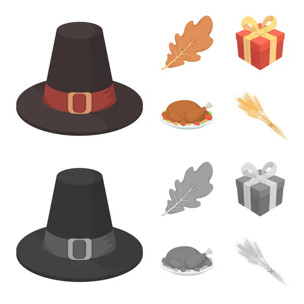 Chapeau de pèlerin, feuille de chêne, cadeau dans une boîte, dinde frite. Canada Thanksgiving day set collection icônes en dessin animé, monochrome style vectoriel symbole illustration web . — Image vectorielle