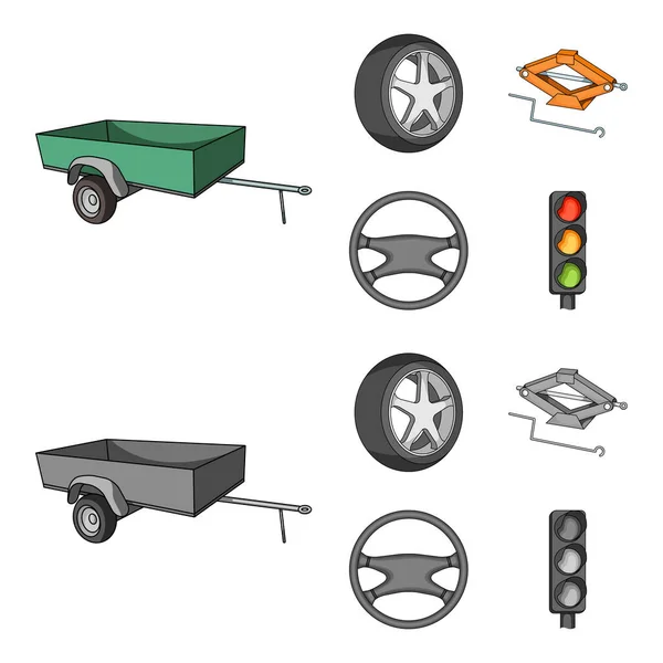 Karavan, tekerlek lastiği ile kapağı, mekanik jack, direksiyon simidi, çizgi film, tek renkli stil vektör simge stok çizim web simgeler set araba. — Stok Vektör