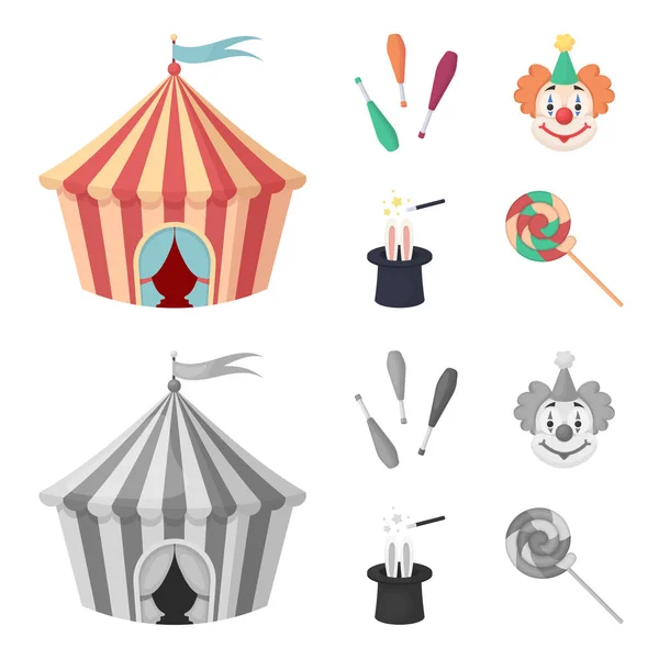 Tente de cirque, messes de jongleur, clown, chapeau de magicien. Ensemble de cirque icônes de la collection en dessin animé, symbole vectoriel de style monochrome illustration web . — Image vectorielle