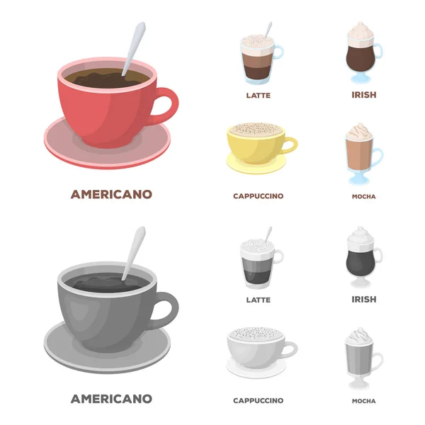 미국, 늦은, 아일랜드어, 카푸치노입니다. 만화, 흑백 스타일 벡터 기호 재고 일러스트 웹 컬렉션 아이콘을 설정 하는 커피의 종류. — 스톡 벡터