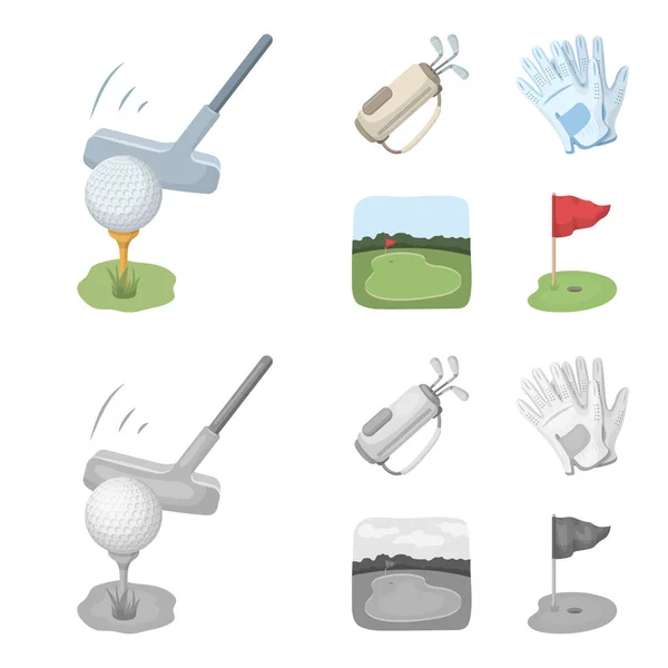 Una palla con una mazza da golf, una borsa con bastoni, guanti, un campo da golf.Golf club set icone di raccolta in cartone animato, stile monocromatico vettore simbolo stock illustrazione web . — Vettoriale Stock