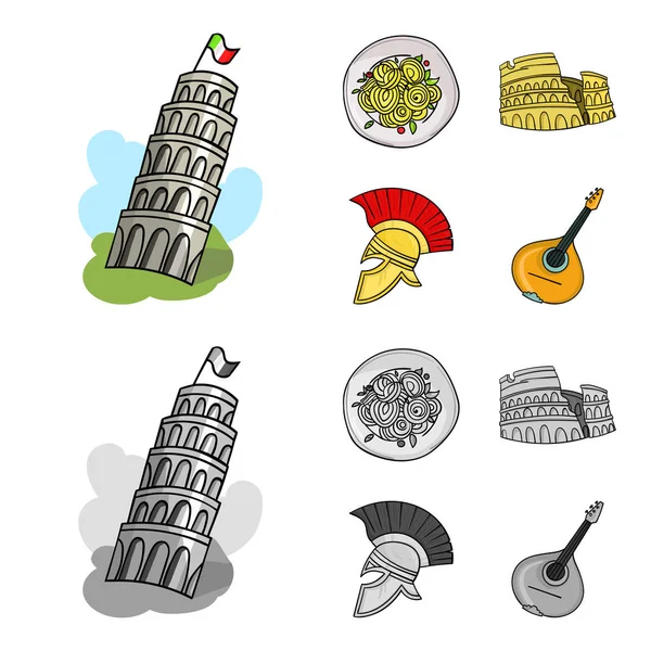 Torre de Pisa, pasta, coliseo, casco Legionario.Italia país conjunto colección iconos en dibujos animados, el estilo monocromo vector símbolo stock illustration web . — Vector de stock