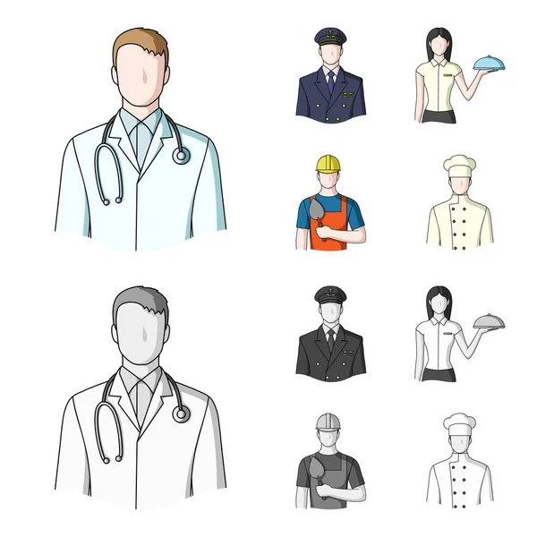 Le médecin, le pilote, la serveuse, le constructeur, le maçon. Profession ensemble icônes de collection en dessin animé, monochrome style vectoriel symbole illustration web . — Image vectorielle