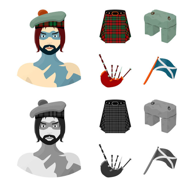 Highlander, Scottish Viking, tartan, kilt, scottish skirt, scone stone, national musical instrument of bagpipes. Scotland set collection icons in cartoon,monochrome style vector symbol stock