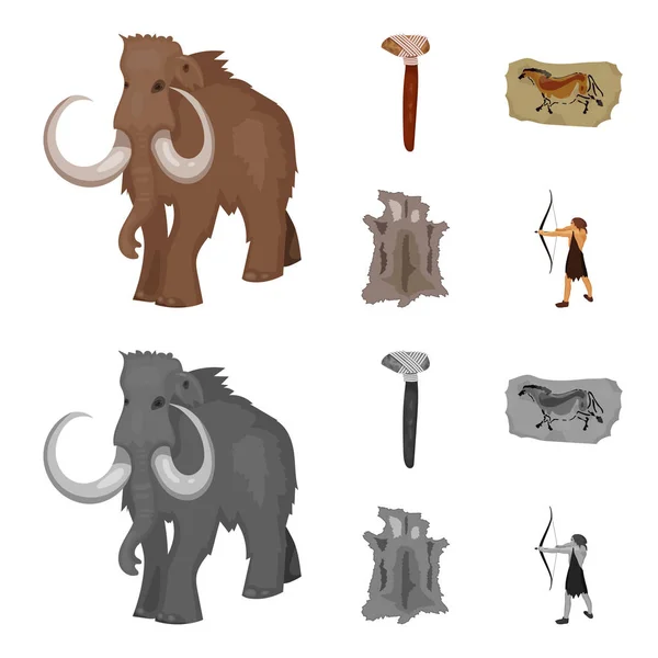 Primitivo, mamute, armas, martelo. Ícones de coleção de conjuntos de idade de pedra em desenhos animados, estilo monocromático símbolo vetorial ilustração web . — Vetor de Stock