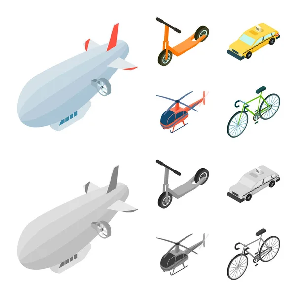Un dirigible, un scooter para niños, un taxi, un helicóptero. Iconos de colección conjunto de transporte en dibujos animados, el estilo monocromo vector símbolo stock ilustración web . — Archivo Imágenes Vectoriales