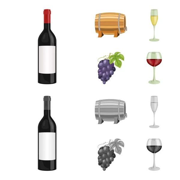 赤ワイン、ワイン樽、シャンパン グラス、束のボトル。ワインの生産は、モノクロ スタイル ベクトル シンボル ストック イラスト web 漫画でコレクションのアイコンを設定. — ストックベクタ