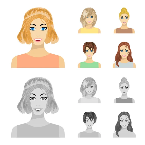 Tipe kartun gaya rambut wanita, ikon monokrom dalam koleksi set untuk desain. Tampilan dari gambar web simbol vektor wanita . - Stok Vektor