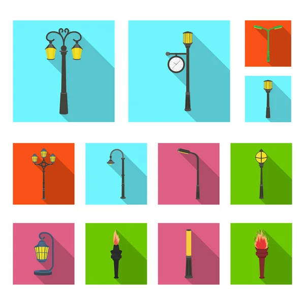 Lamp post plat pictogrammen in set collectie voor design. Lantaarn en verlichting vectorillustratie symbool voorraad web. — Stockvector