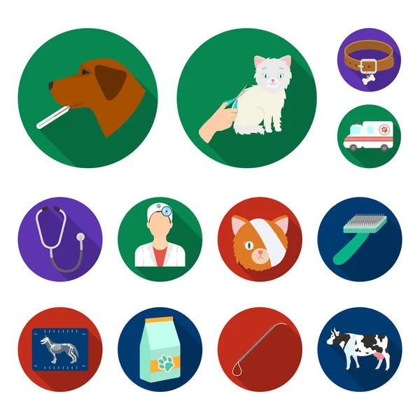 Veterinärklinik platt ikoner i set samling för design. Behandling av en sällskapsdjur vektor symbol lager web illustration. — Stock vektor