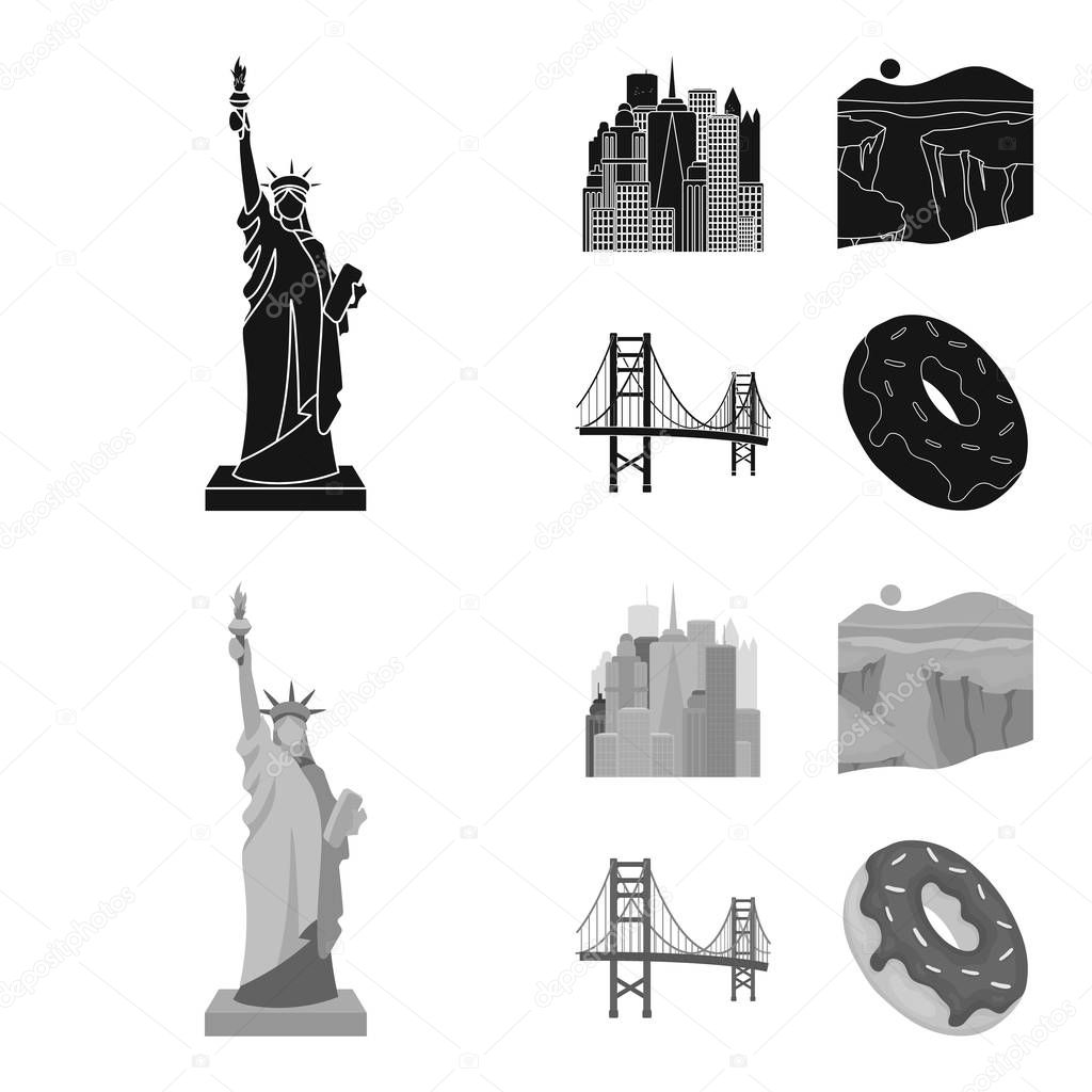A megacity, a grand canyon, a golden gate bridge,donut with chocolate. The US country set collection icons in black,monochrom style vector symbol stock illustration web.