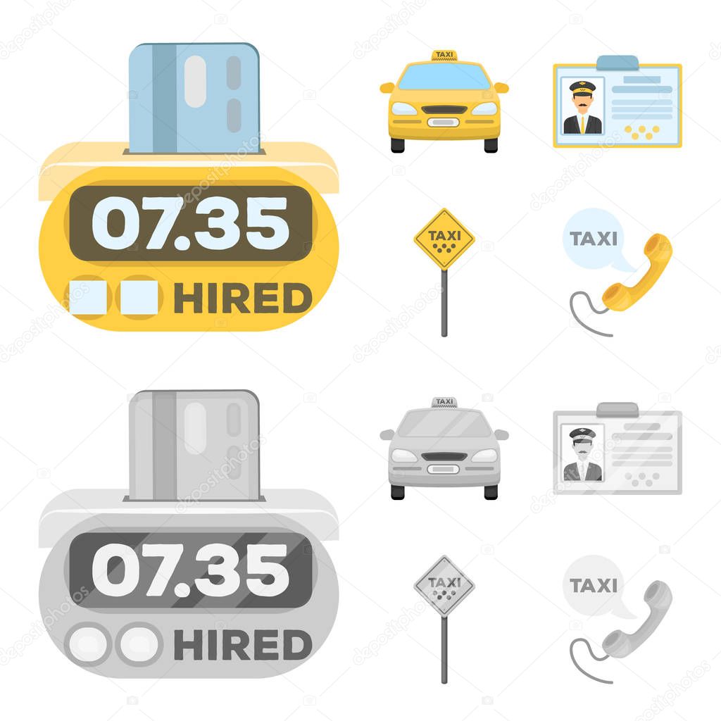 The counter of the fare in the taxi, the taxi car, the driver badge, the parking lot of the car. Taxi set collection icons in cartoon,monochrome style vector symbol stock illustration web.