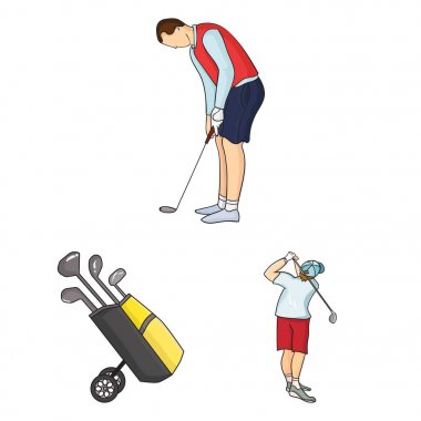 Golf ve öznitelikleri set koleksiyonu tasarım için simgeleri karikatür. Golf Kulübü ve ekipman sembol stok web illüstrasyon vektör.